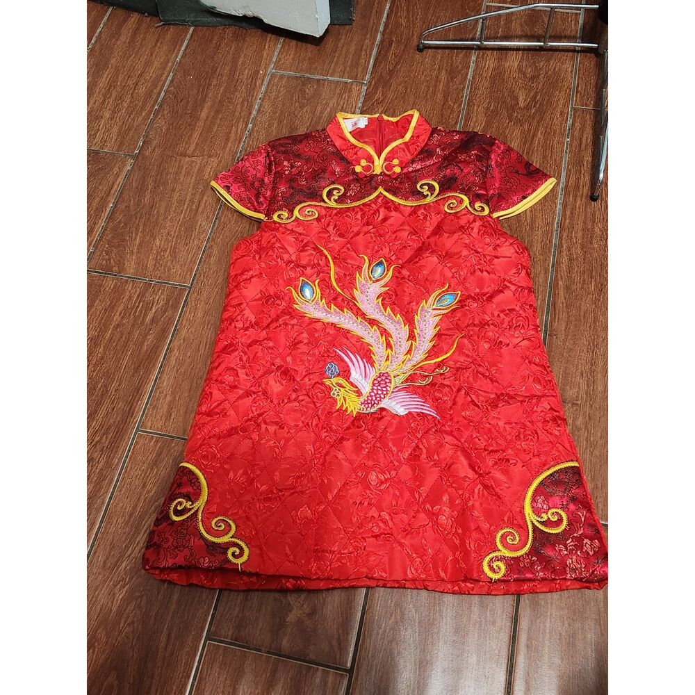 Red Peacock phoenix Girls Chinese New Year QiPao Costume Cheongsam Dress 7/8